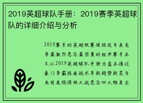 2019英超球队手册：2019赛季英超球队的详细介绍与分析